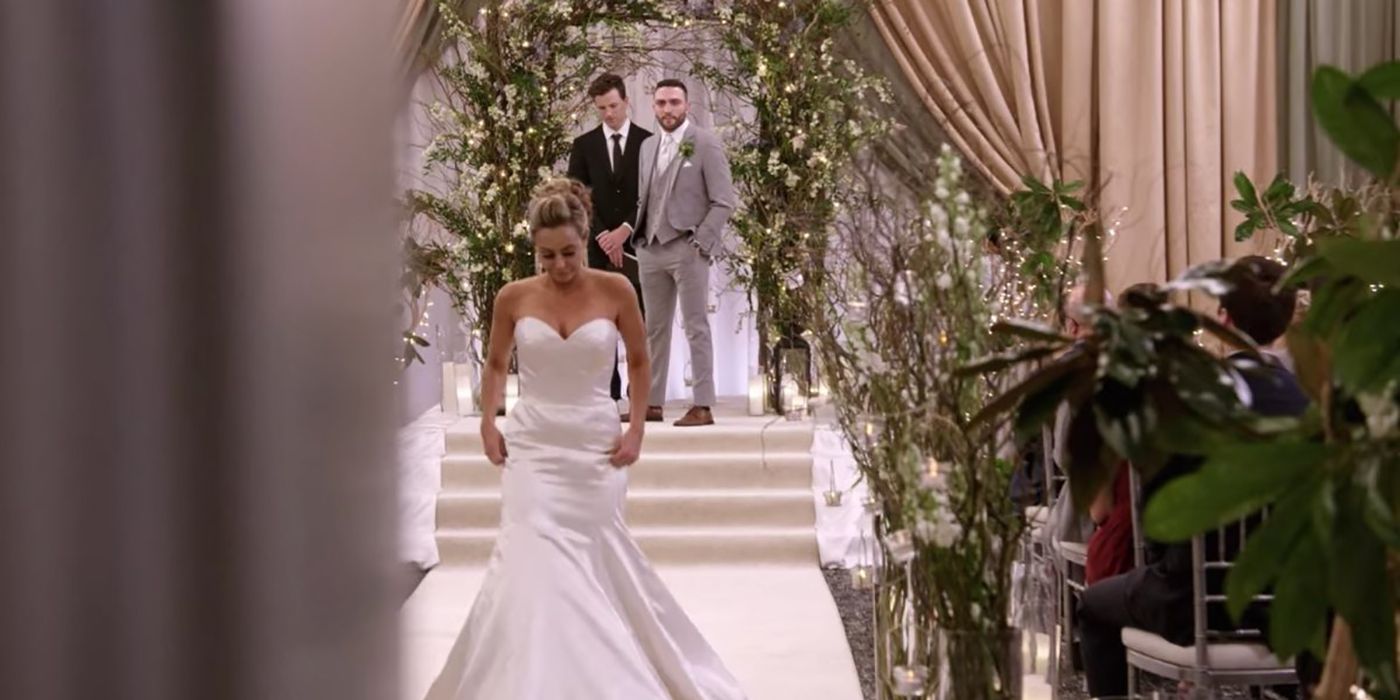 Jessica walking down the aisle away from Mark in a scene from Love is Blind.