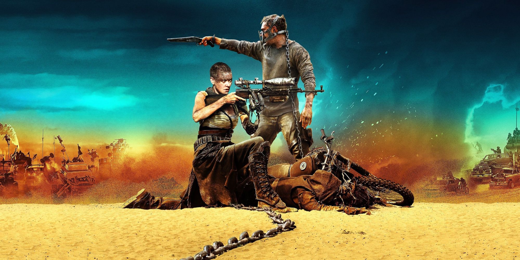 Max aand Furiosa pointing guns in opposite directions in the 'Mad Max: Fury Road' Poster