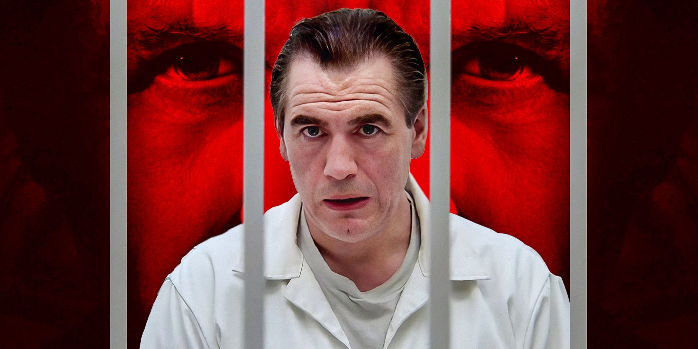A custom image of Brian Cox as Hannibal Leckter in Manhunter, staring straight ahead behind prison bars, with a close-up of the eyes of Anthony Hopkins' Hannibal Lecter behind him in red
