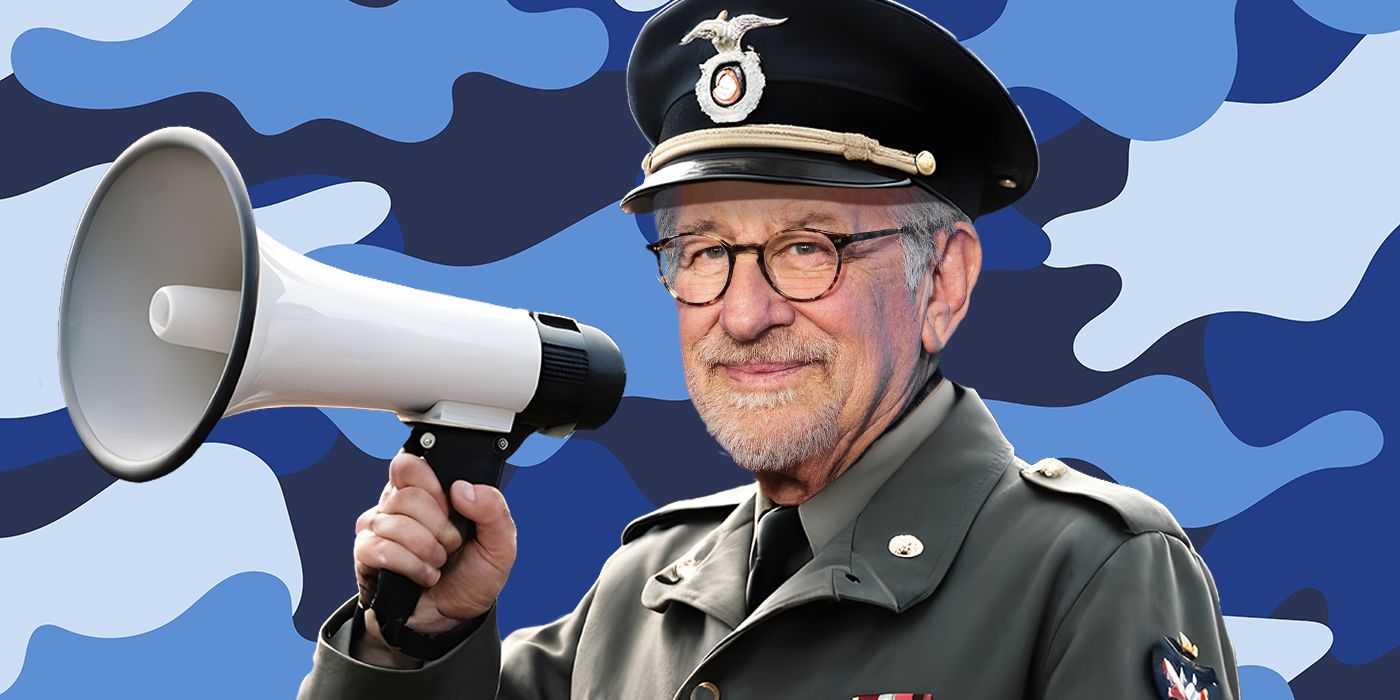 Feature image of Steven Spielberg in a military uniform holding a megaphone against camo backdrop