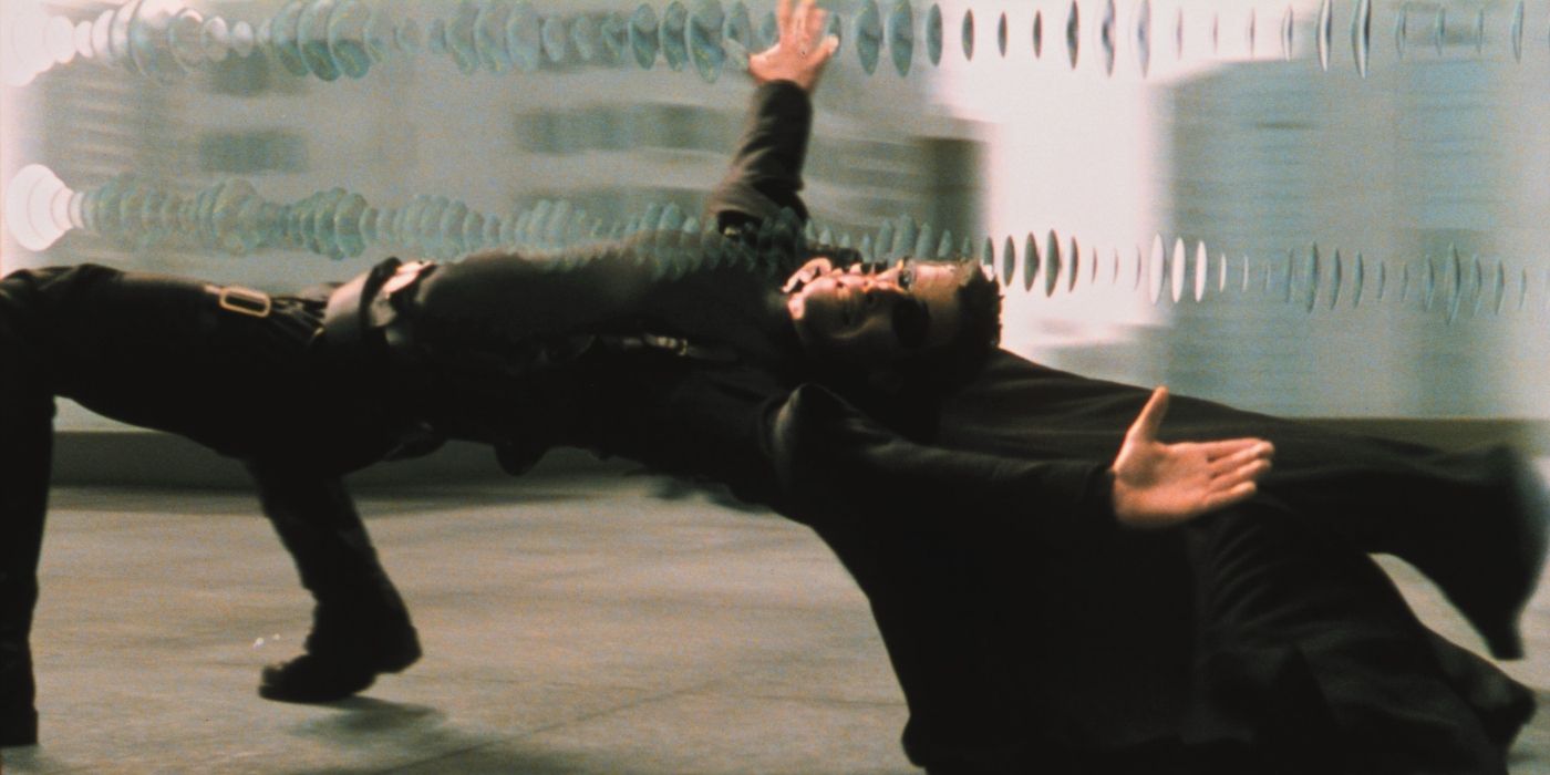 Neo (Keanu Reeves) dodging bullets in the Bullet Time scene in The Matrix