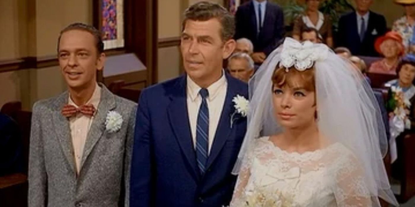 Andy Taylor (Andy Griffith) and Helen Crump (Aneta Corsaut) are married, with Barney Fife (Don Knotts) as the best man, on 'The Andy Griffith Show' spin-off 'Mayberry R.F.D.'