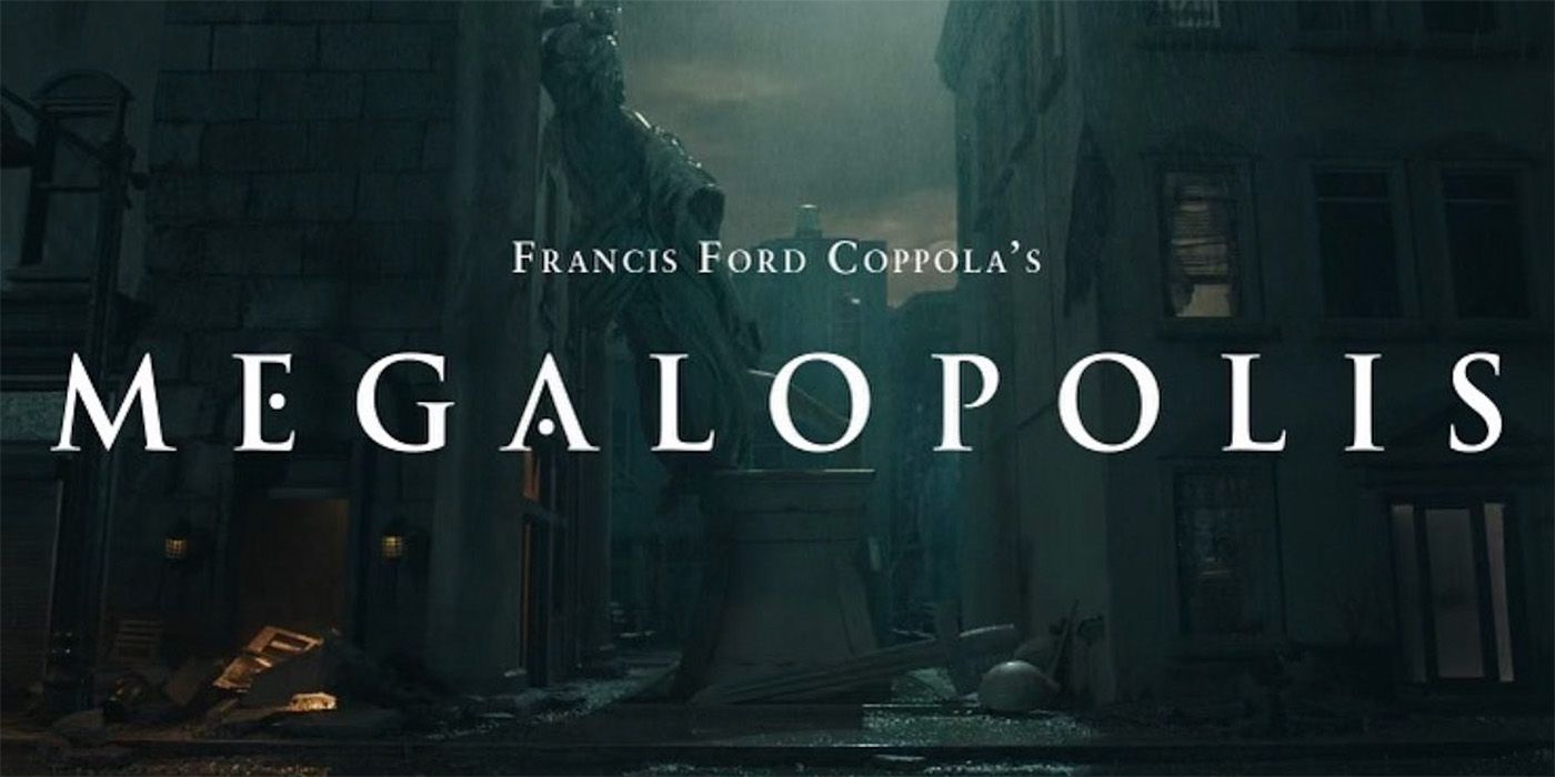 The logo for Francis Ford Coppola's Megalopolis, with a broken statue in the background