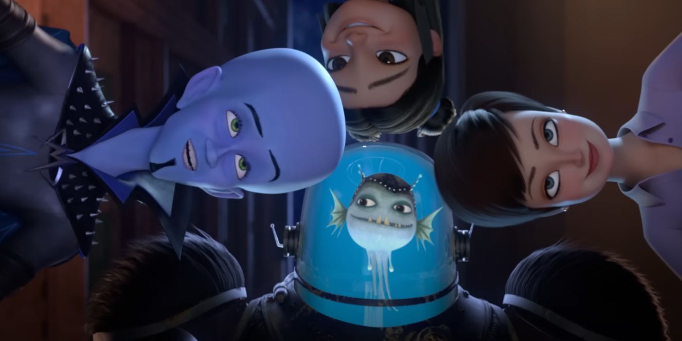 Megamind, Ol Chum, Roxanne, and Keiko forming a huddle in Megamind vs the Doom Syndicate.