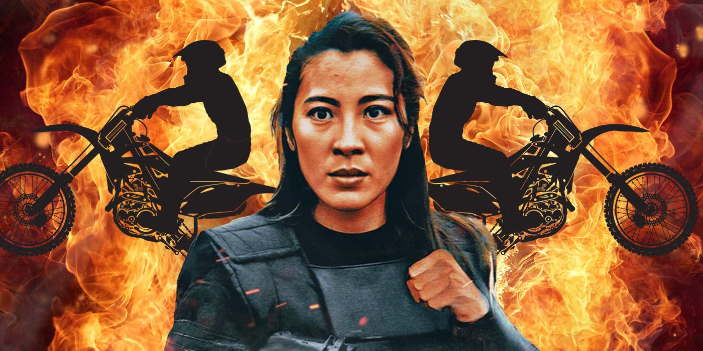 Custom Image of Michelle Yeoh against a fiery background with the silhouettes of two bikeriders