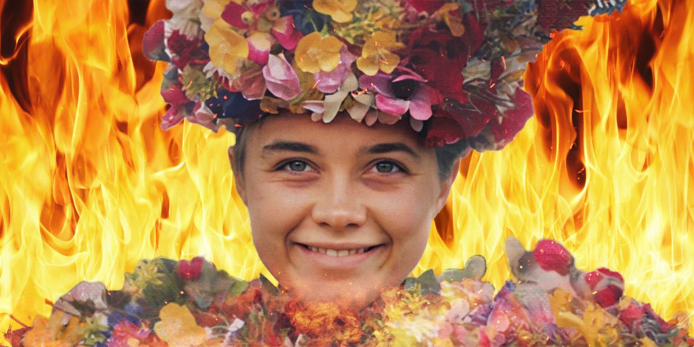 Florence Pugh as Dani in Midsommar, wearing her May Queen outfit and smiling, surrounded by flames