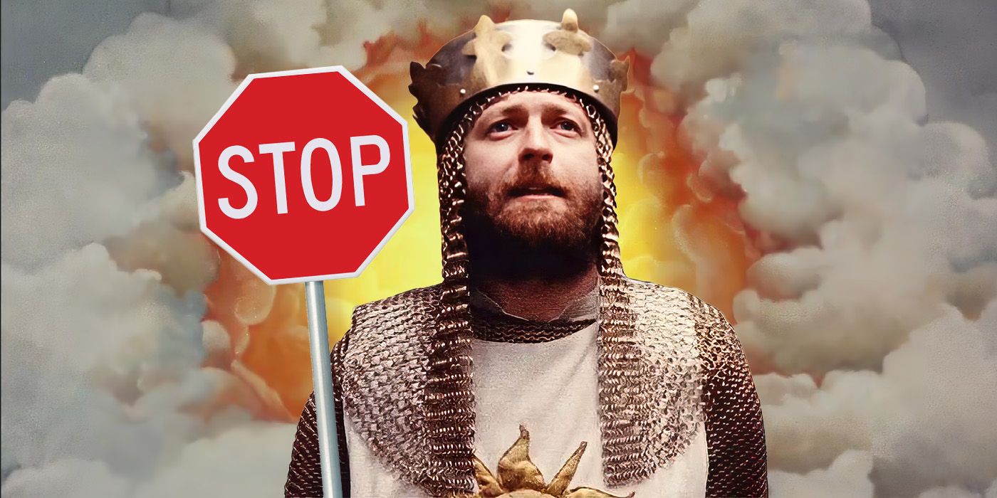 Feature image of King Arthur (Graham Chapman) holding a stop sign with a heavenly background