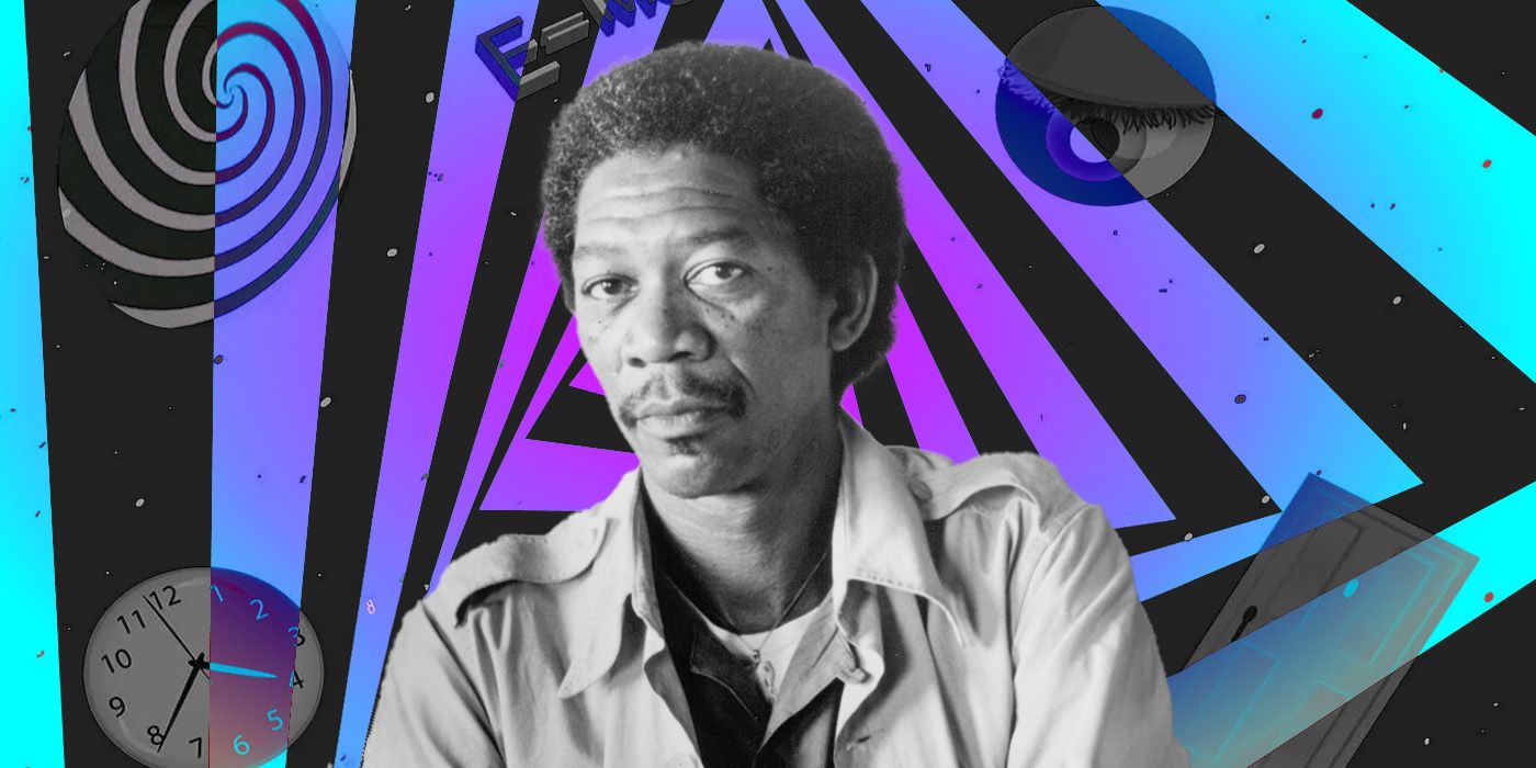 Feature image of Morgan Freeman with a purple and blue Twilight Zone background