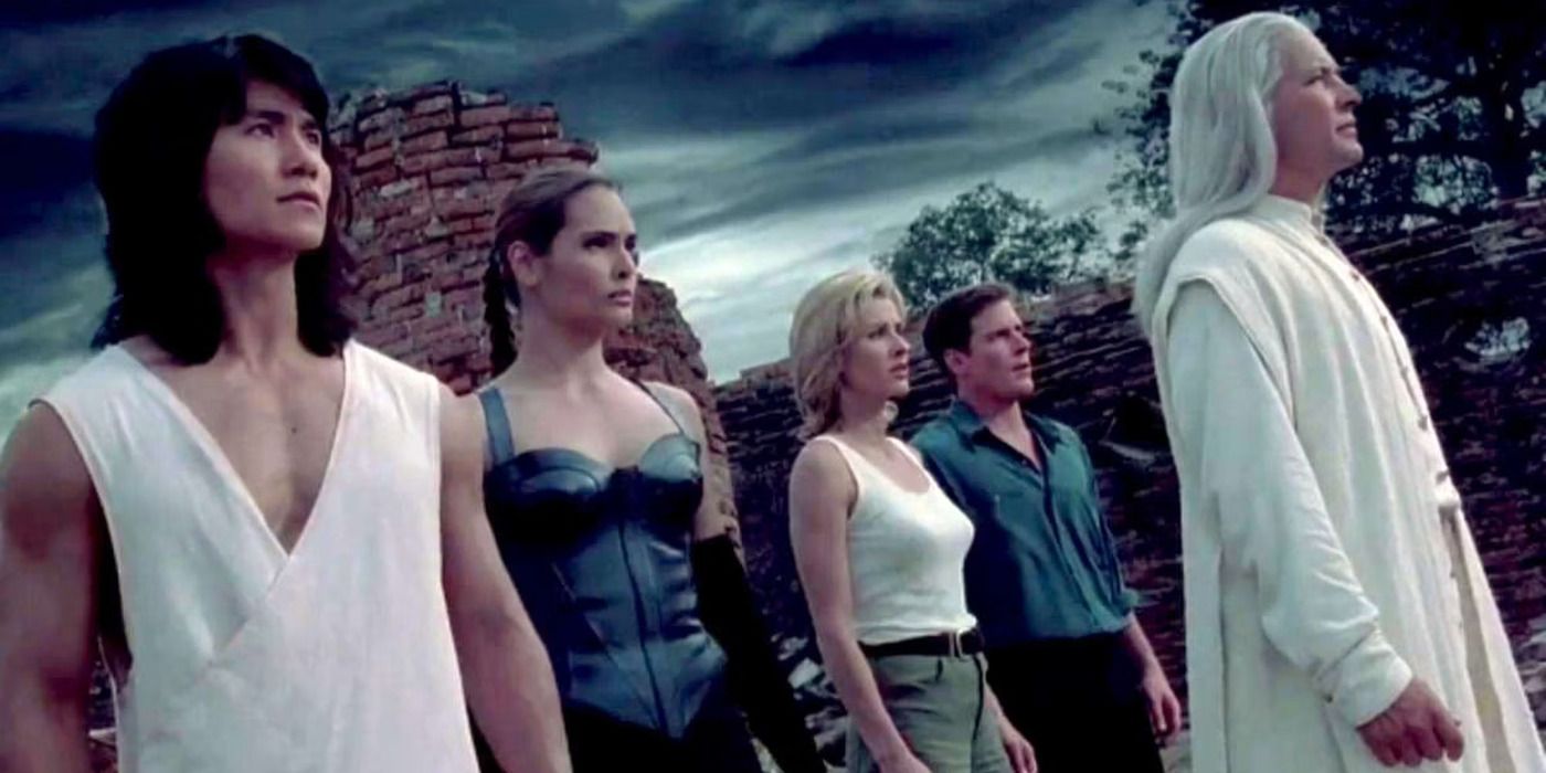 A group of warriors in line looking to the distance in Mortal-Kombat-Annihilation