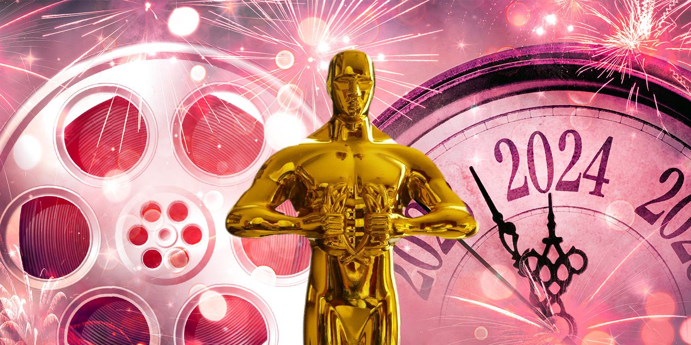 A custom image of an Oscar statue in front of a clock and film reel