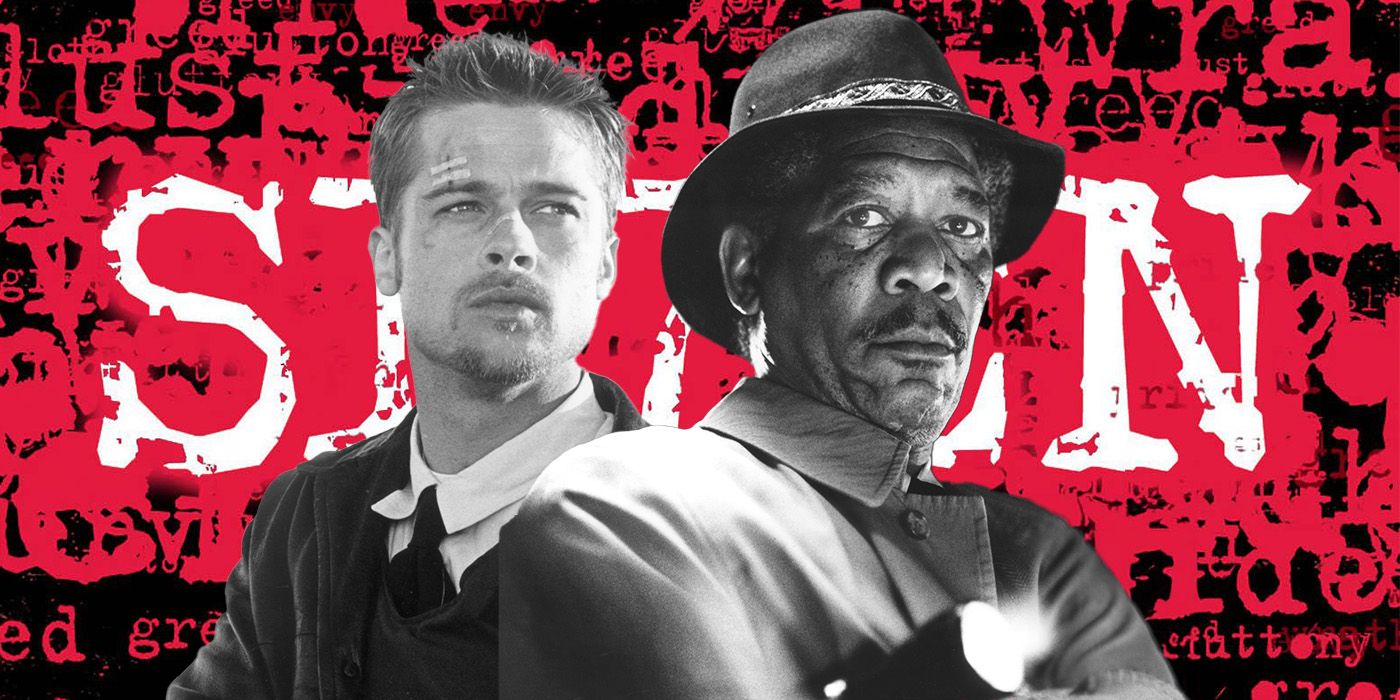 Feature of Brad Pitt and Morgan Freeman from Se7en with the movie title in the background