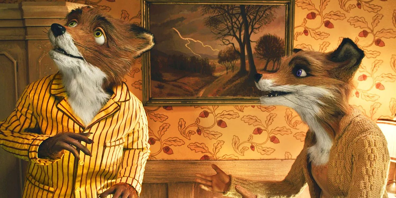 a female fox puppet speaking to a male fox puppet, who's looking up at the ceiling