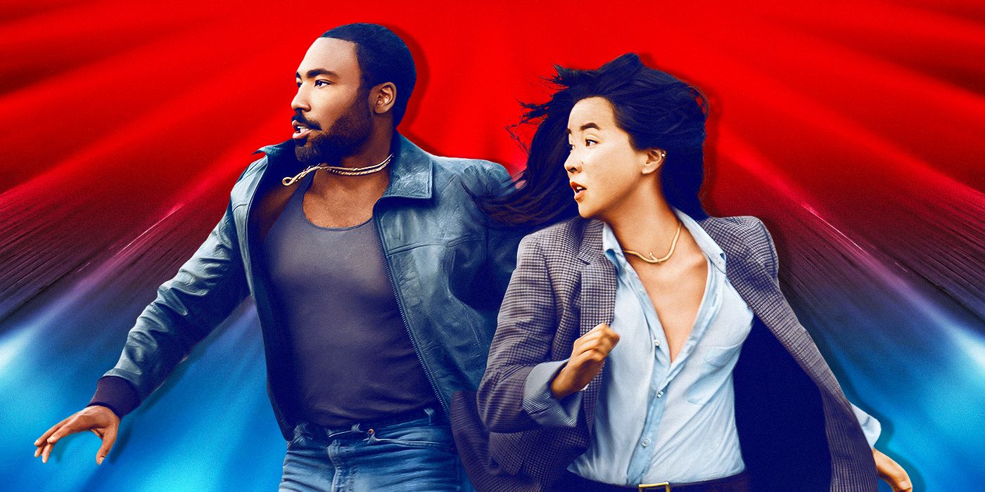 Donald Glover as John and Maya Erskine as Jane running in Mr & Mrs Smith against a red and blue background