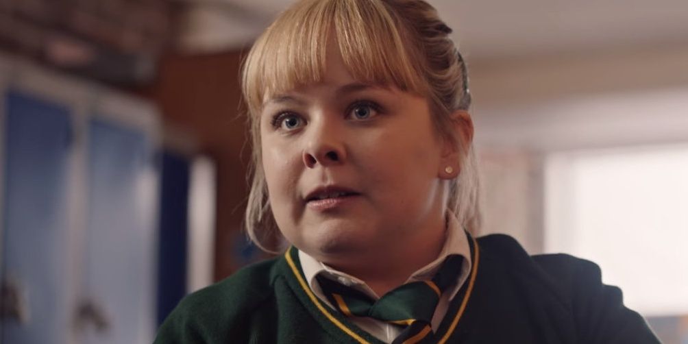 Nicola Coughlan as Clare Devlin looking fiercely at something off screen on Derry Girls