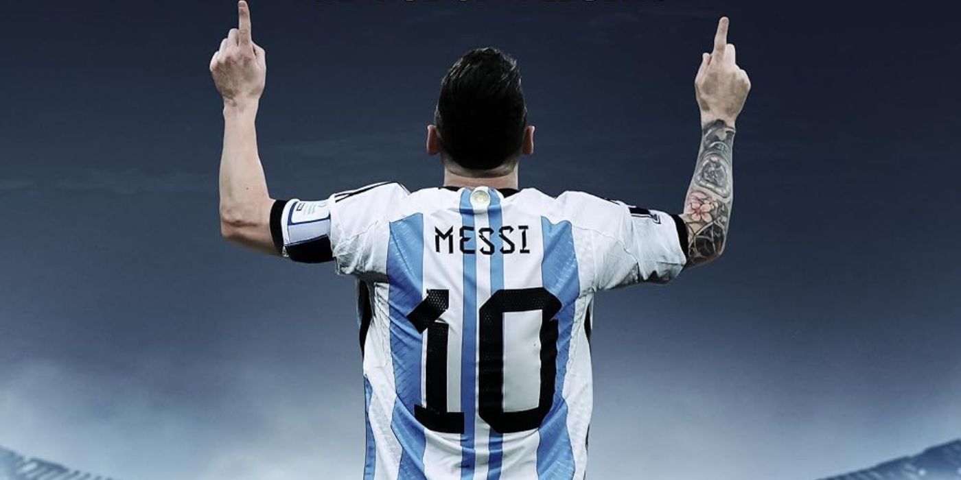 Lionel Messi with his back turned towards the camera, on the poster for Messi's World Cup.