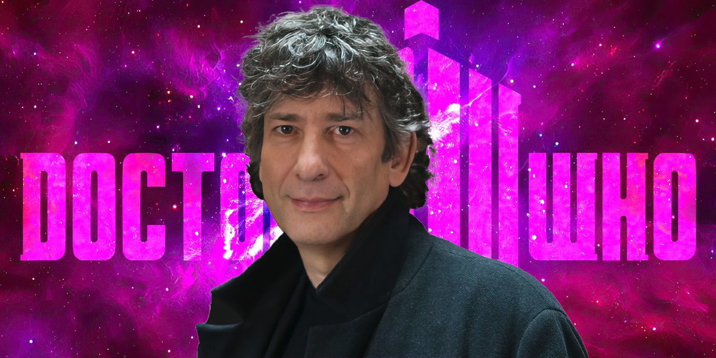 A custom image of Neil Gaiman in front of a pink and purple Doctor Who background