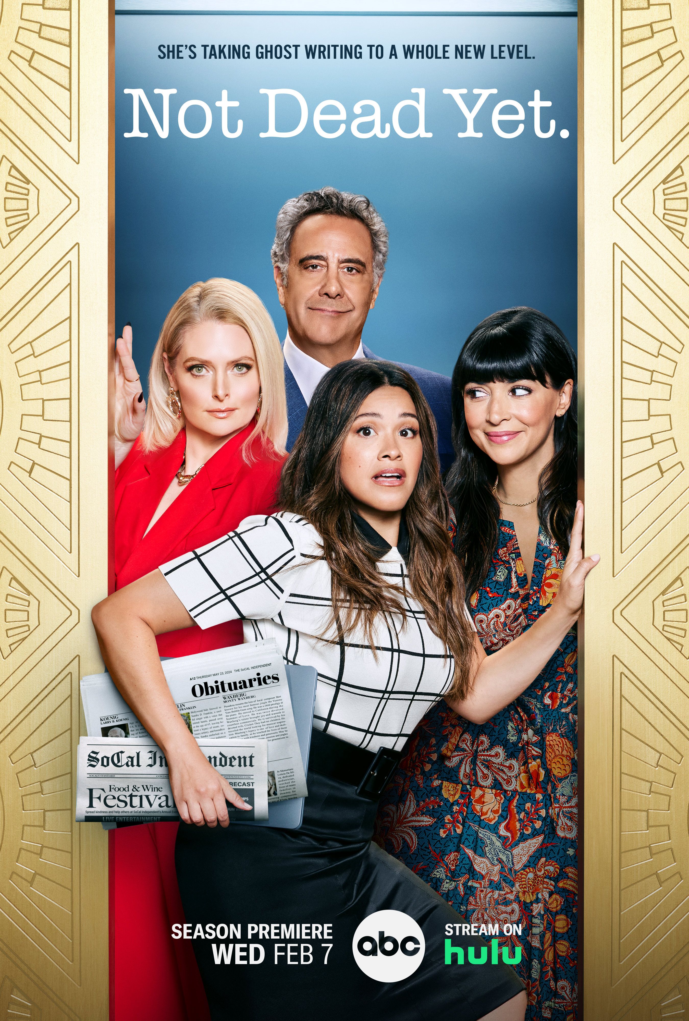 Gina Rodriguez, Brad Garrett, Lauren Ash, and Hannah Simone on the poster for Not Dead Yet Season 2.