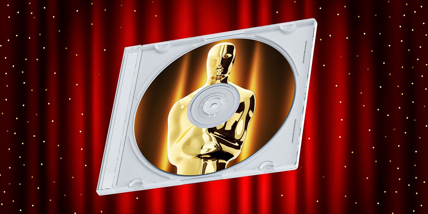 A photo of an Oscar statue is on the disc of a DVD case.