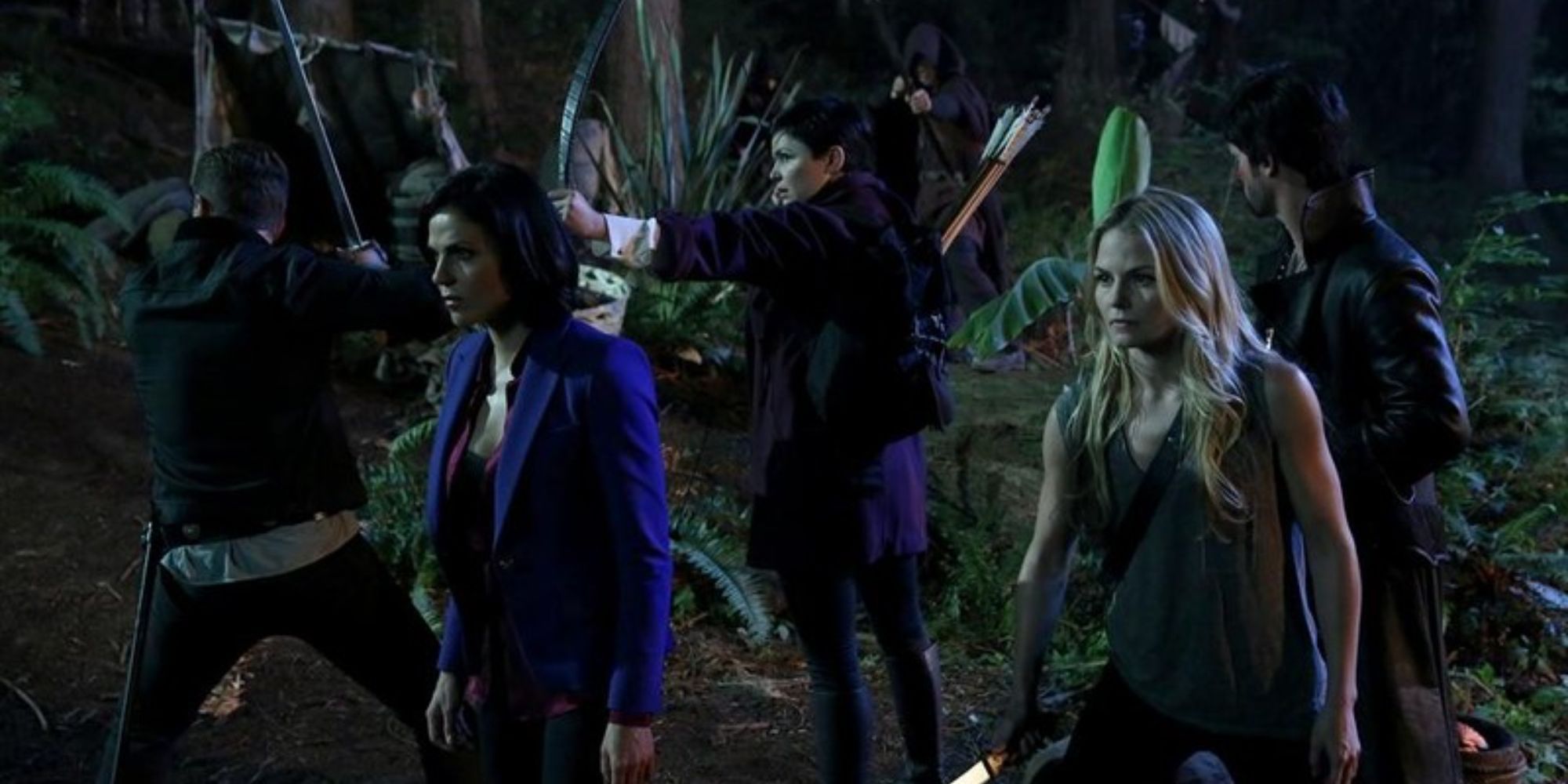 Emma, Regina, Snow White, Prince Charming, and Captain Hook in Neverland in Once Upon a Time.