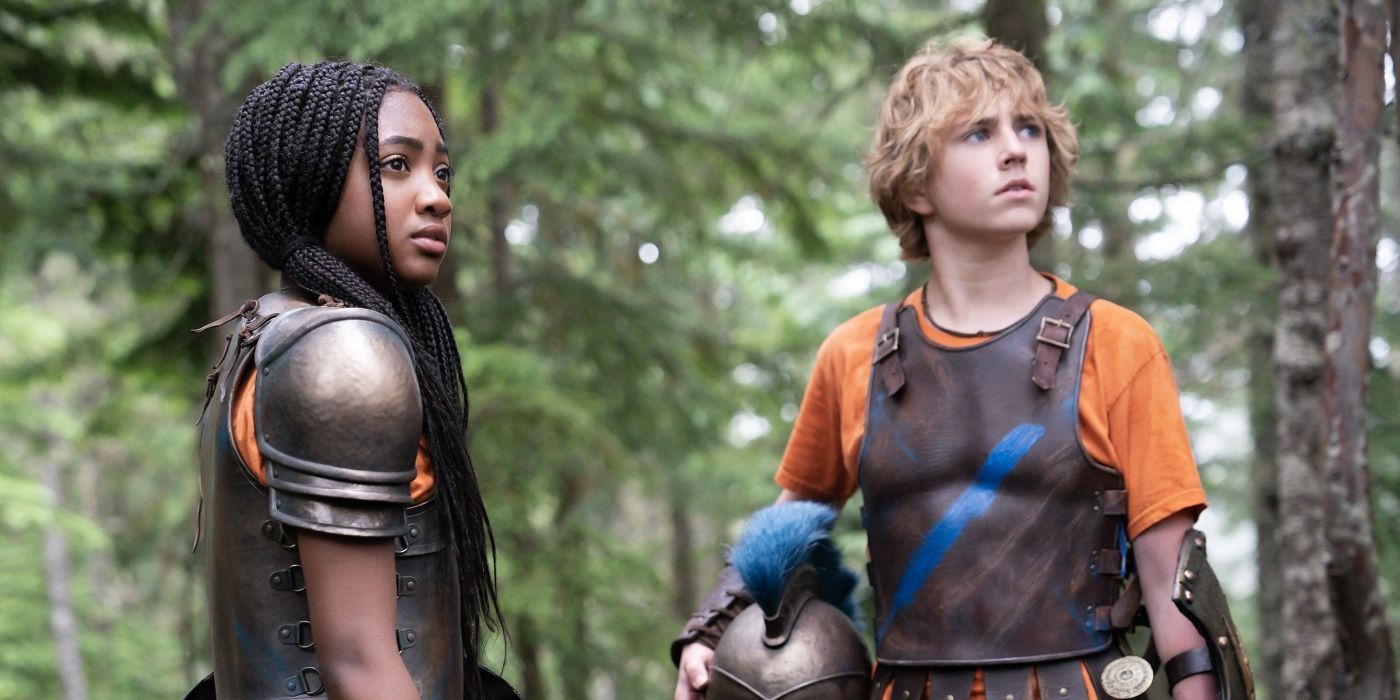 Walker Scobell and Leah Sava Jeffries wearing battle armor in Percy Jackson and the Olympians