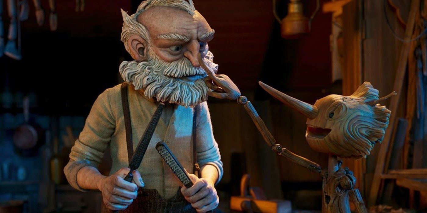 Pinocchio touching Gepetto's nose in Guillermo del Toro's Pinocchio