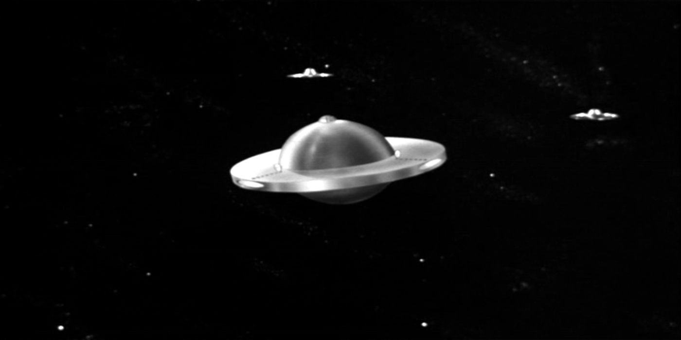 A spacecraft in outer space in the movie Plan 9 From Outer Space