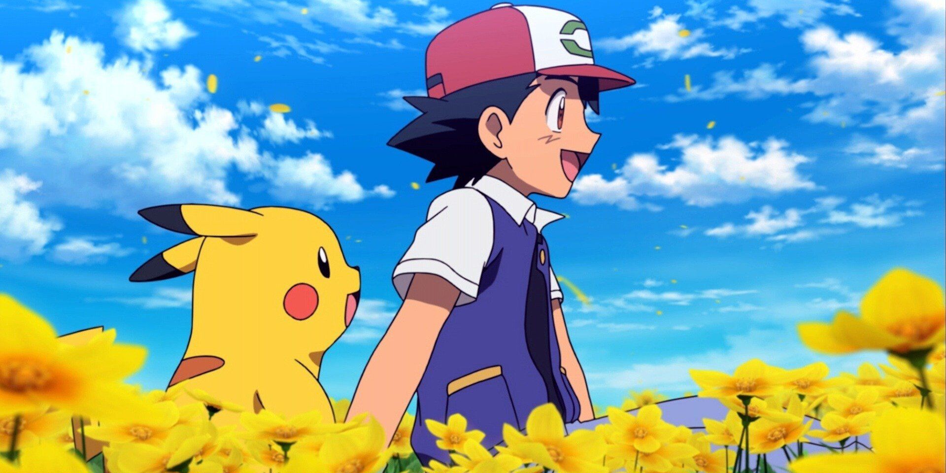 A still from Pokemon the Movie: I Choose You featuring Ash and Pikachu in a field of yellow flowers