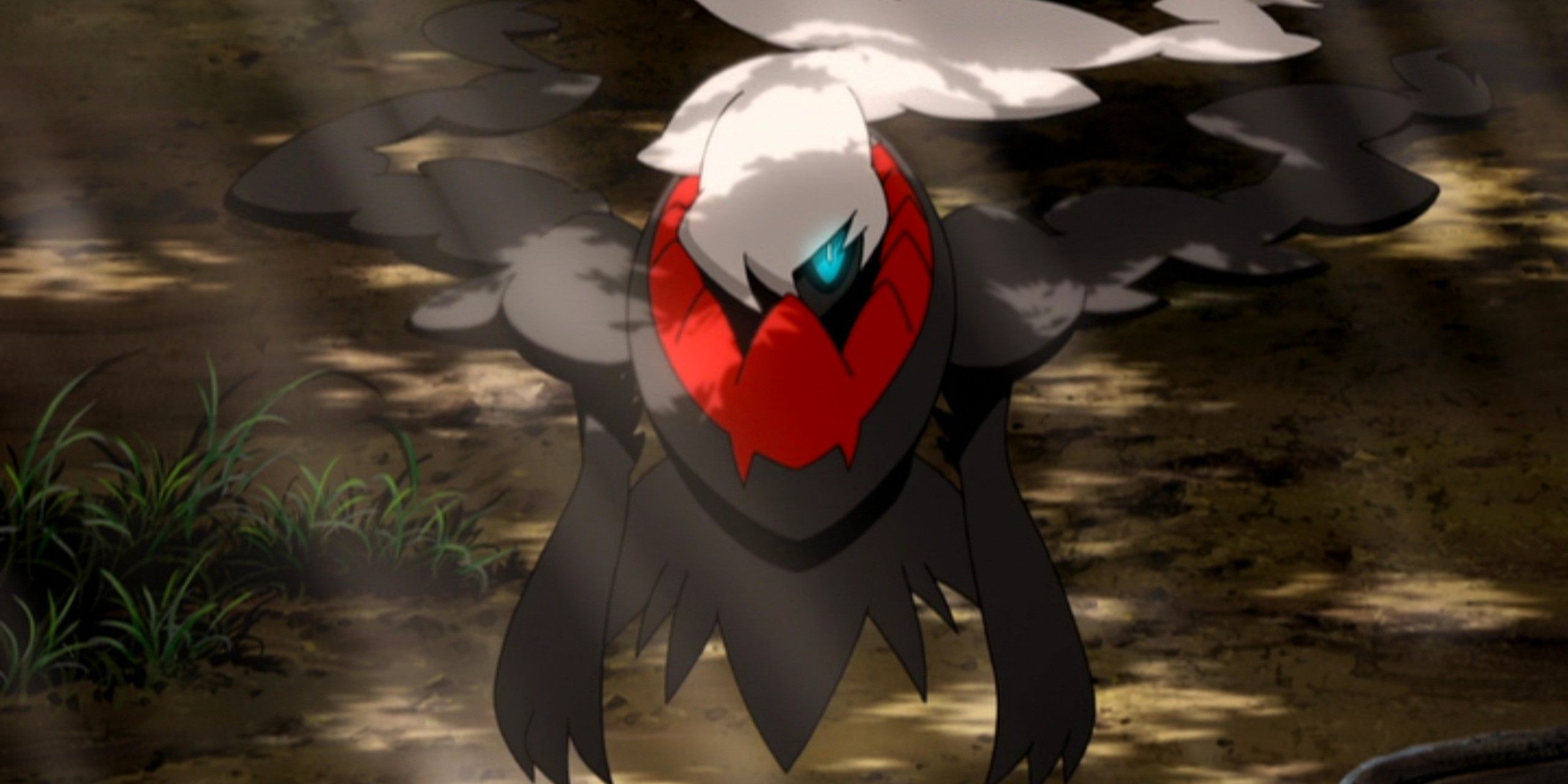 Darkrai in a forest in the Pokémon anime.