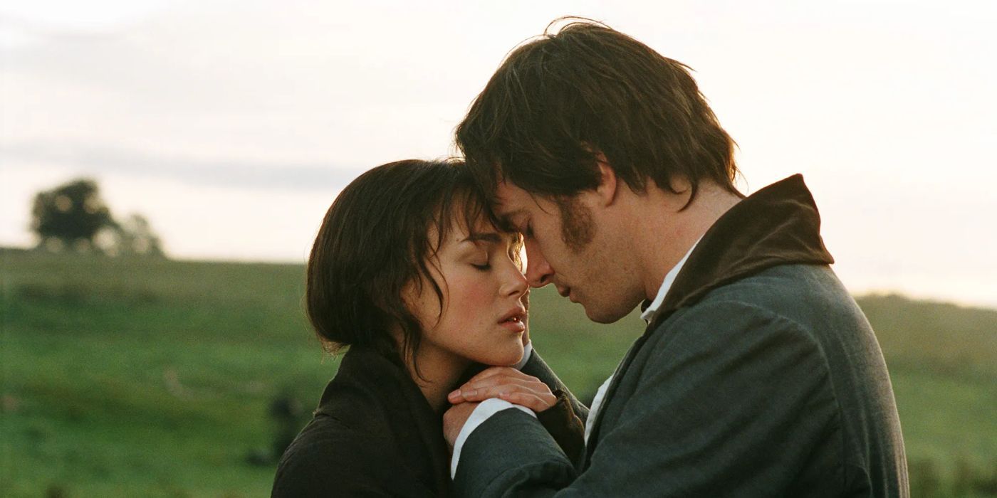 Elizabeth Bennet, played by Keira Knightley, embracing Mr. Darcy, played by Matthew Macfadyen, in Pride and Prejudice (2005).