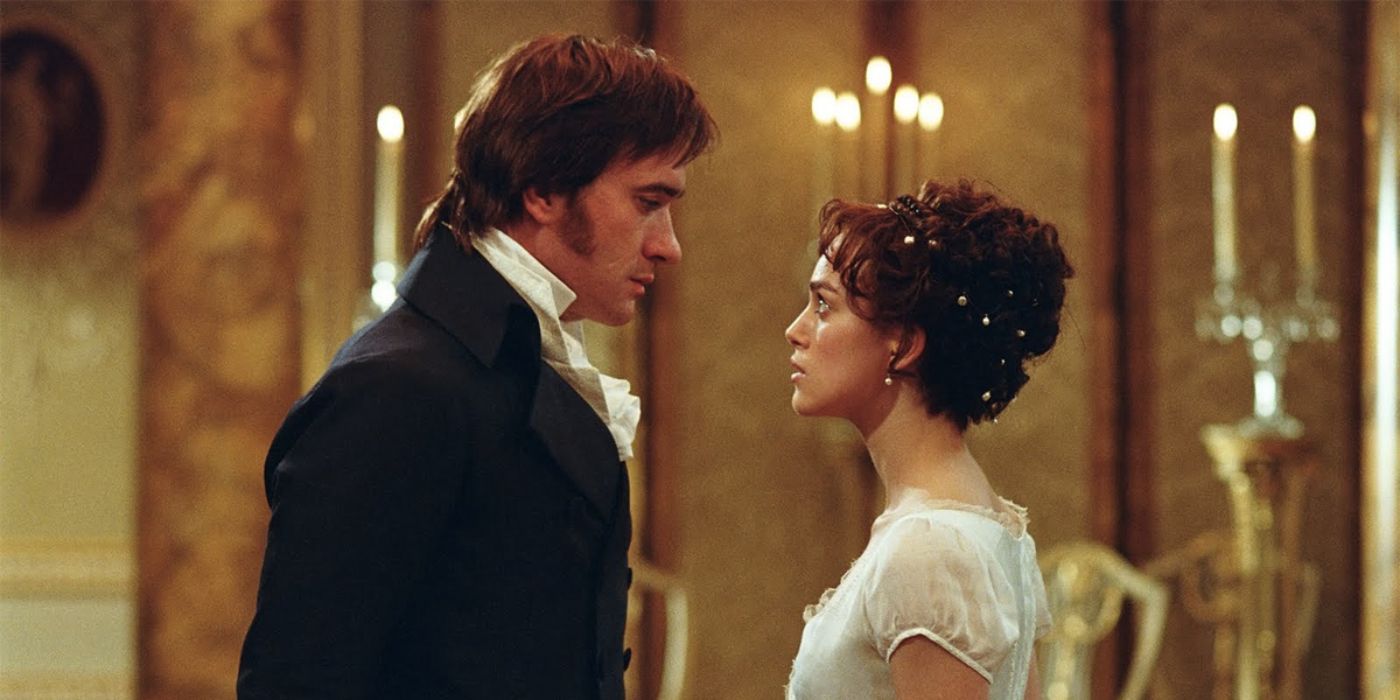 Elizabeth Bennet, played by Keira Knightley, and Mr. Darcy, played by Matthew Macfadyen, dancing in Pride and Prejudice.