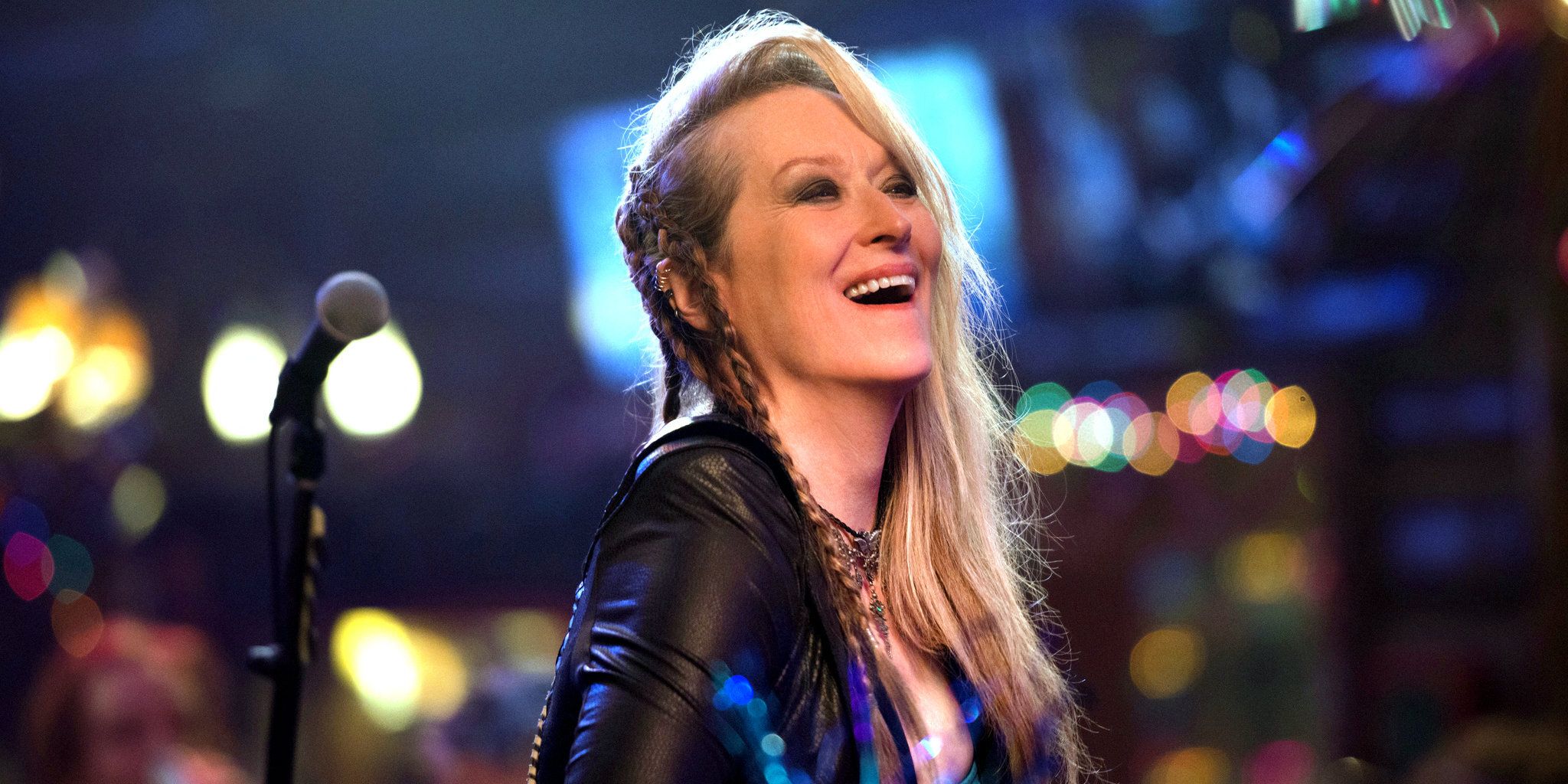 A still featuring Meryl Streep as Ricki in Ricki and the Flash, up on stage performing a rock and roll song