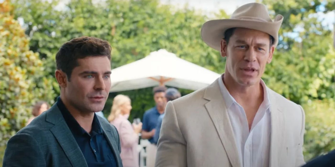 Zac Efron and John Cena standing next to each other in 'Ricky Stanicky'