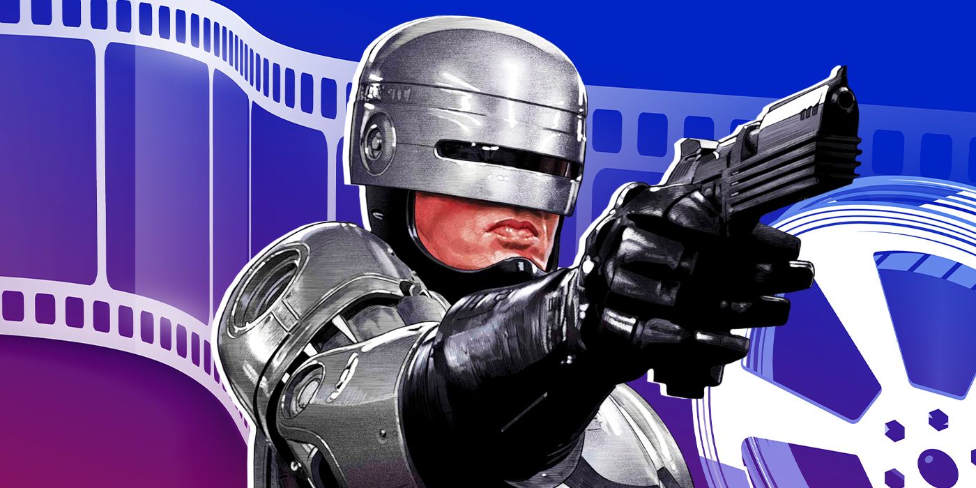 1987 RoboCop holding his gun up with a movie reel background