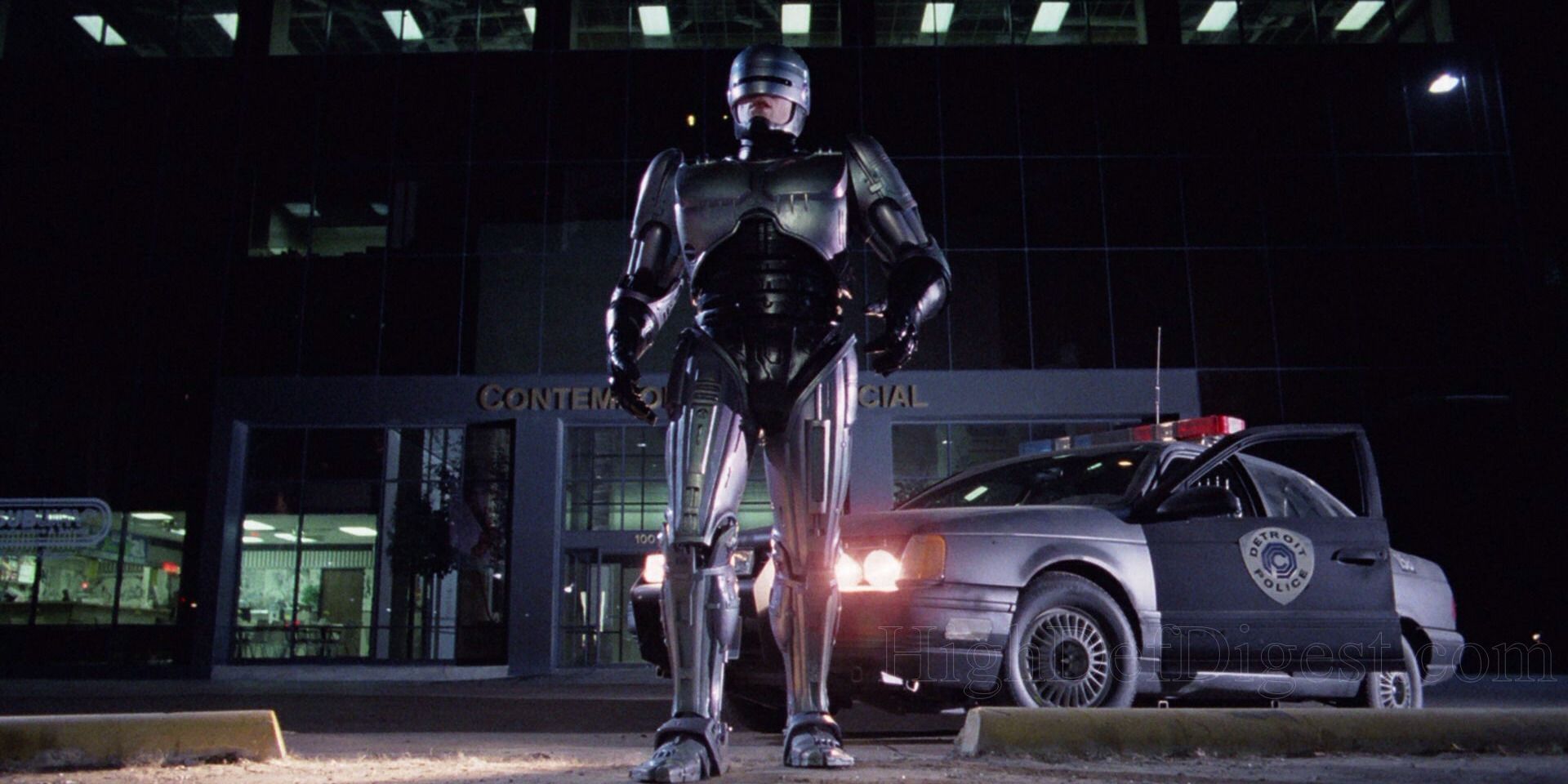 RoboCop (Peter Weller) walks from his police cruiser behind him.