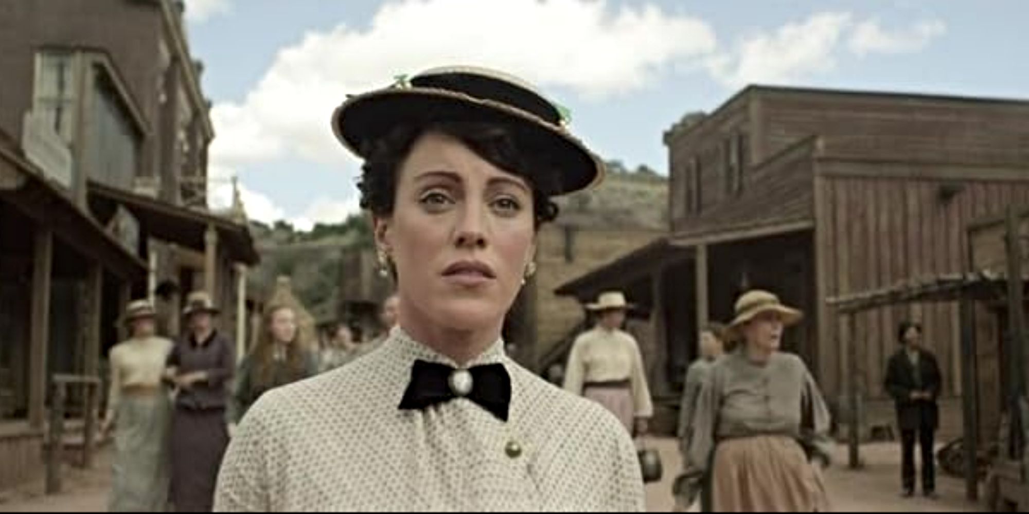 close up of Charlotte Temple (Samantha Soule) in a western town in Godless