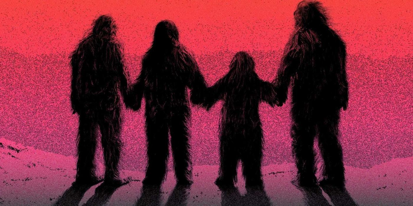 A drawing of four sasquatches, holding hands, on the poster for Sasquatch Sunset.