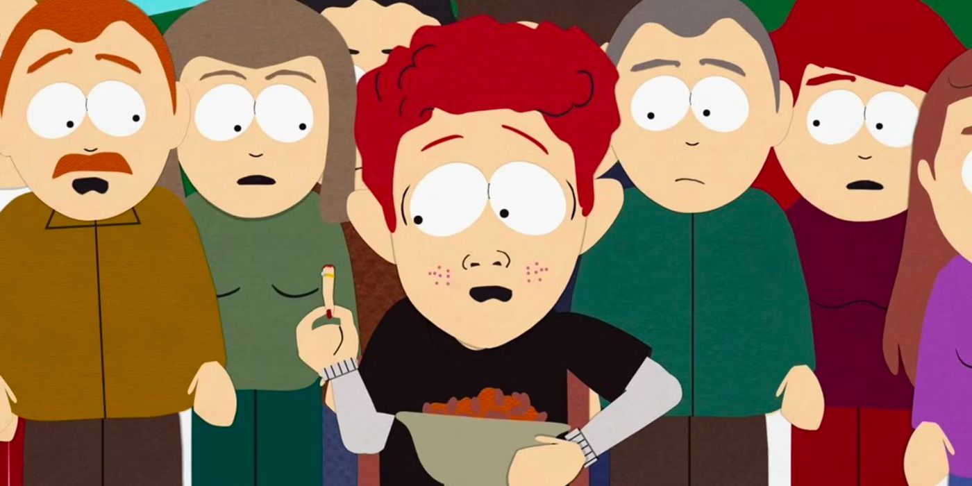 Sorprendido, Scott Tenorman saca el dedo de su madre del chile que Cartman le sirve.