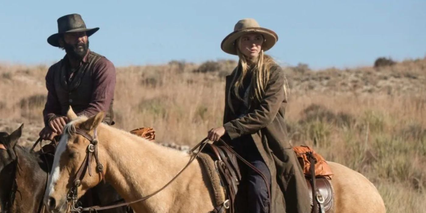 Isabel May and Tim McGraw as Elsa Dutton and James Dutton riding horses in 1883