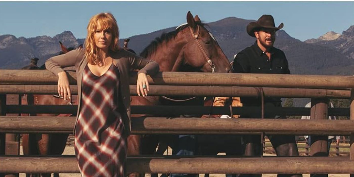 Kelly Reilly and Cole Hauser as Beth Dutton and Rip Wheeler on ranch with horse in 'Yellowstone'