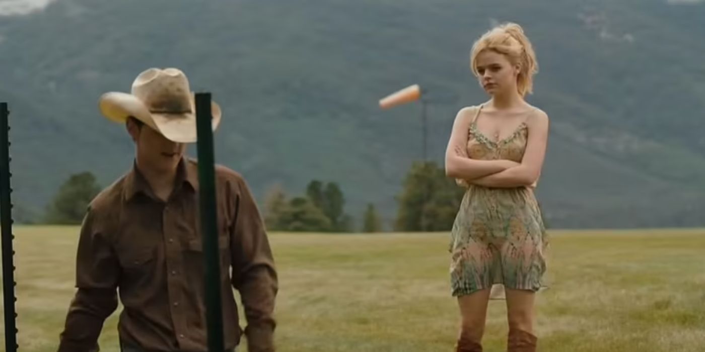Kyle Rogers and Kyle Red Silverstein as young Beth Dutton and Rip Wheeler wearing dress and cowboy hat on 'Yellowstone'