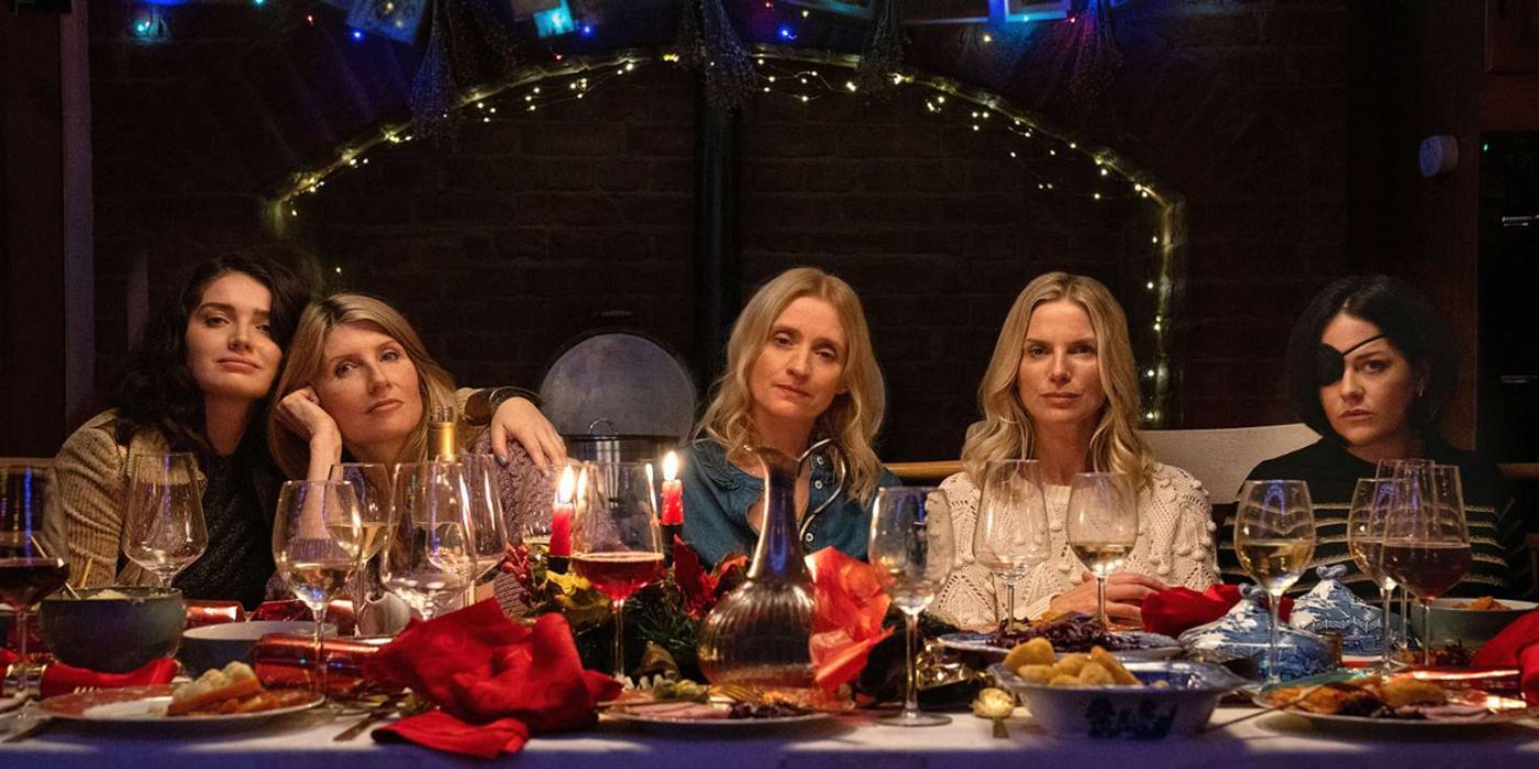 Sharon Horgan and Anne-Marie Duff as Garvey sisters lead ensemble cast sitting at table in Bad Sisters.