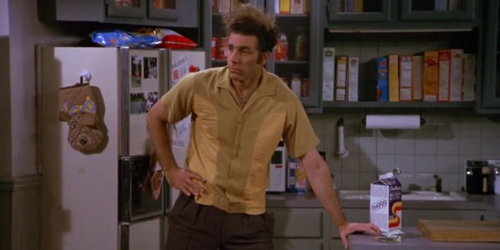 Kramer leaning his hand on the counter in Jerry's apartment in Seinfeld