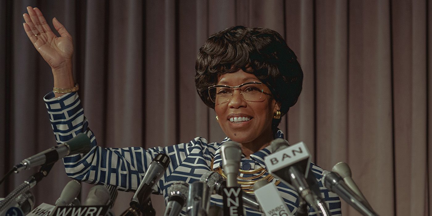 Regina King as Shirley Chisholm speaking at a podium in Netflix's Shirley