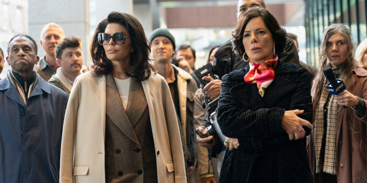 Lisa Rinna & Marcia Gay Harden as Jennifer & Margaret, standing in front of a crowd in So Help Me Todd Season 2