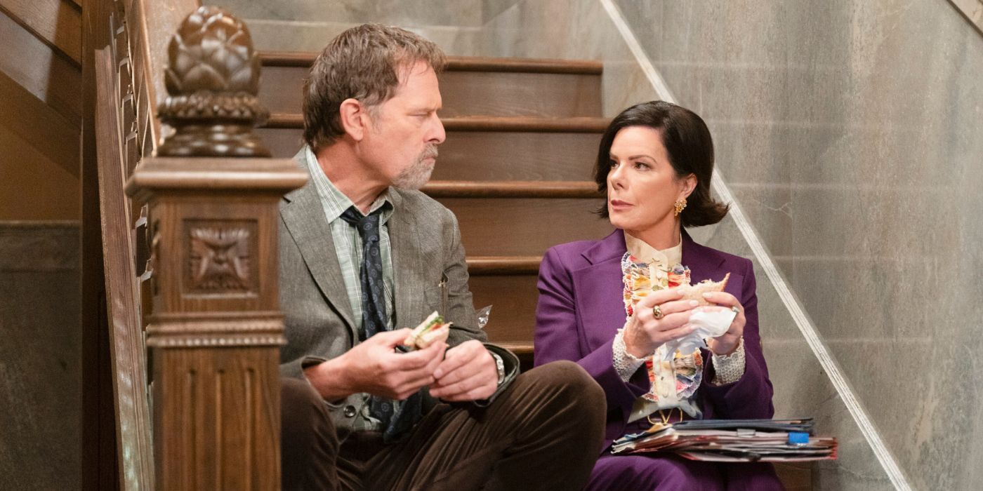 Marcia Gay Harden and Jeffrey Nordling sitting on and having lunch on a staircase in So Help Me Todd Season 2?