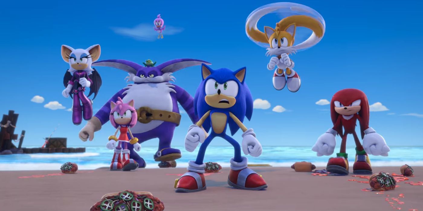 Sonic and friends on the beach surrounded by chili dogs on the ground in Sonic Prime