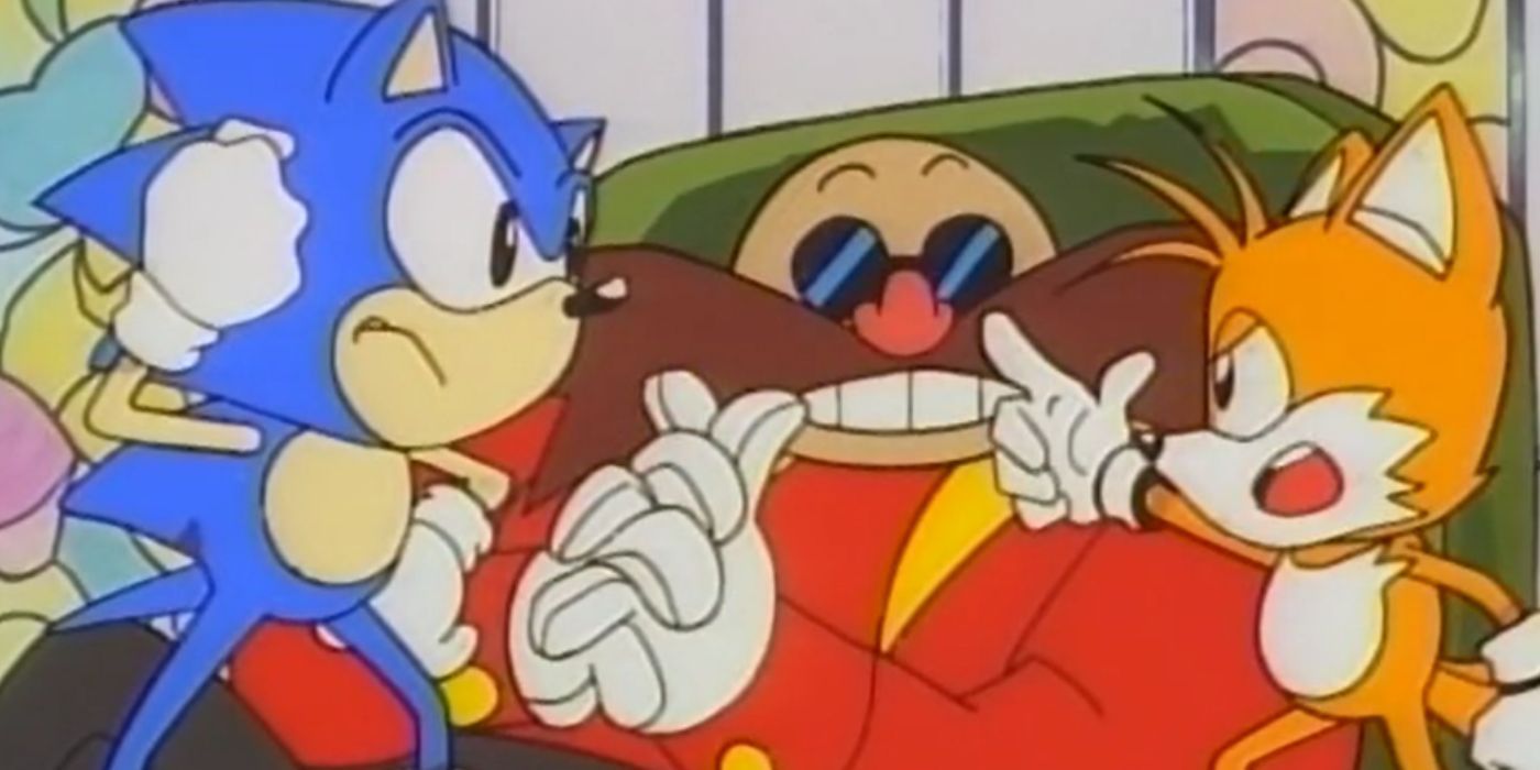 Sonic y Tails parados junto a Eggman y gritando en 