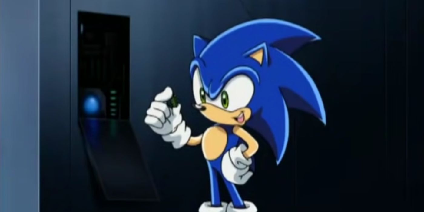 Sonic holds a micro-chip while talking in Sonic X