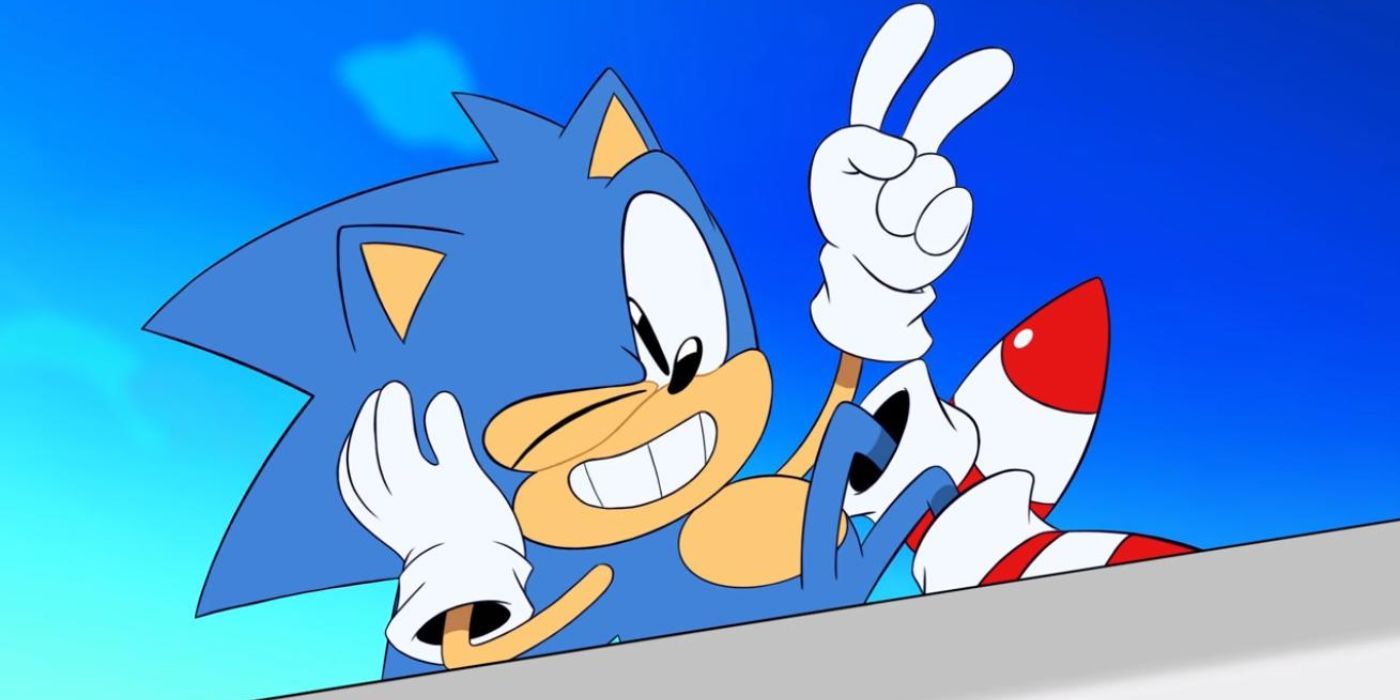 Sonic winks, smiles and gives a peace sign while laying down in Sonic Mania Adventures