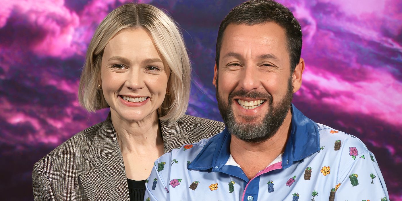 Custom image of Carey Mulligan and Adam Sandler smiling during an interview for Spaceman